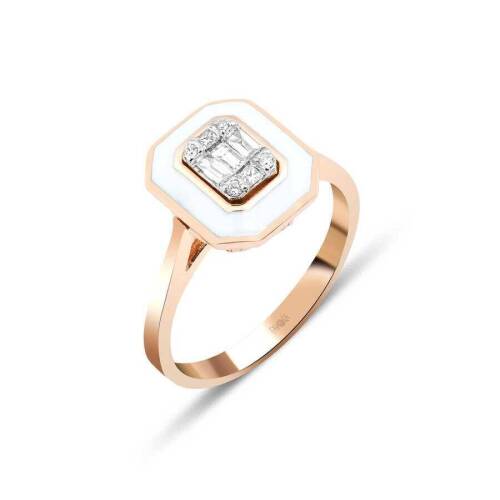 16 Karat Beyaz Mineli Baget Pırlanta Yüzük - 