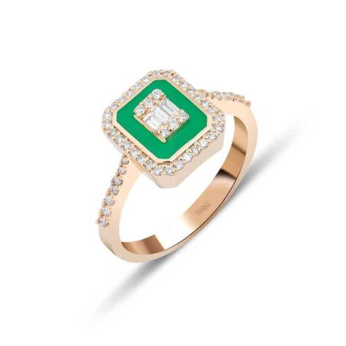 37 Karat Yeşil Mineli Baget Pırlanta Yüzük - 