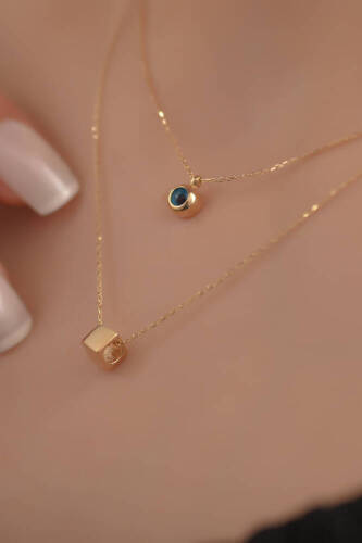 Altın Küp Ve Göz Kombin Kolye - 