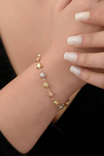 Altın Üç Renk Sıra Yıldız Bileklik - 