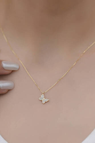 Beyaz Mineli Altın Kelebek Kolye - 