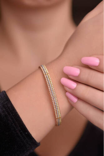 Dorika Üç Renk Üç Sıra Altın Bileklik - 