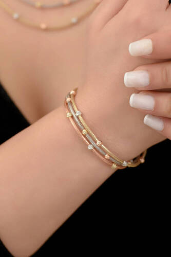 İtalyan Popcorn Üç Renk Üçlü Altın Bileklik - 