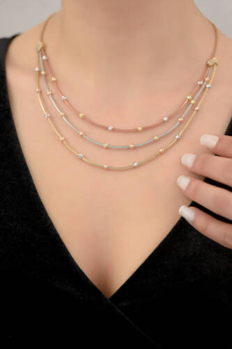 İtalyan Popcorn Üç Renk Üçlü Altın Kolye - 