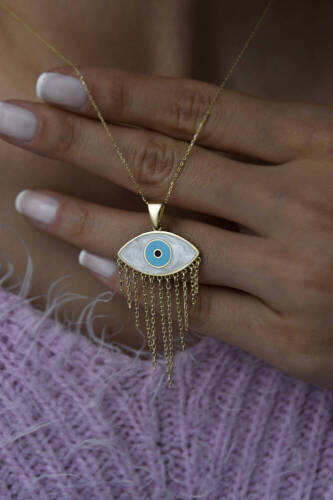 Kadın Altın Sedefli Mineli Göz Altın Kolye - 