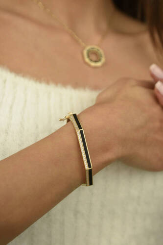 Kadın Cetaş Siyah Mineli Minima Altın Kelepçe Bilezik - 