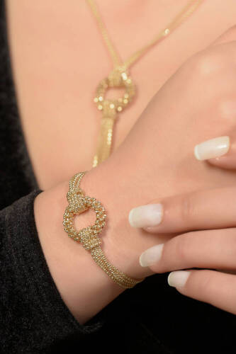 Taşlı Altın Hasır Bileklik - 